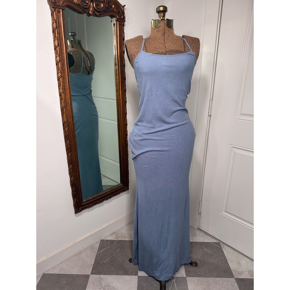 Pumiey Women XL Blue Ribbed Maxi Dress Sleeveless Spaghetti Strap Bodycon Scoop